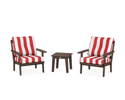 POLYWOOD® Prairie 3-Piece Deep Seating Set in Mahogany / Cabana Stripe Crimson