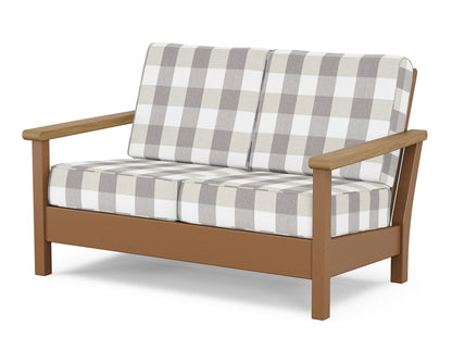 POLYWOOD® Harbour Deep Seating Loveseat in Teak / Natural / Buffalo Plaid Grey Mist