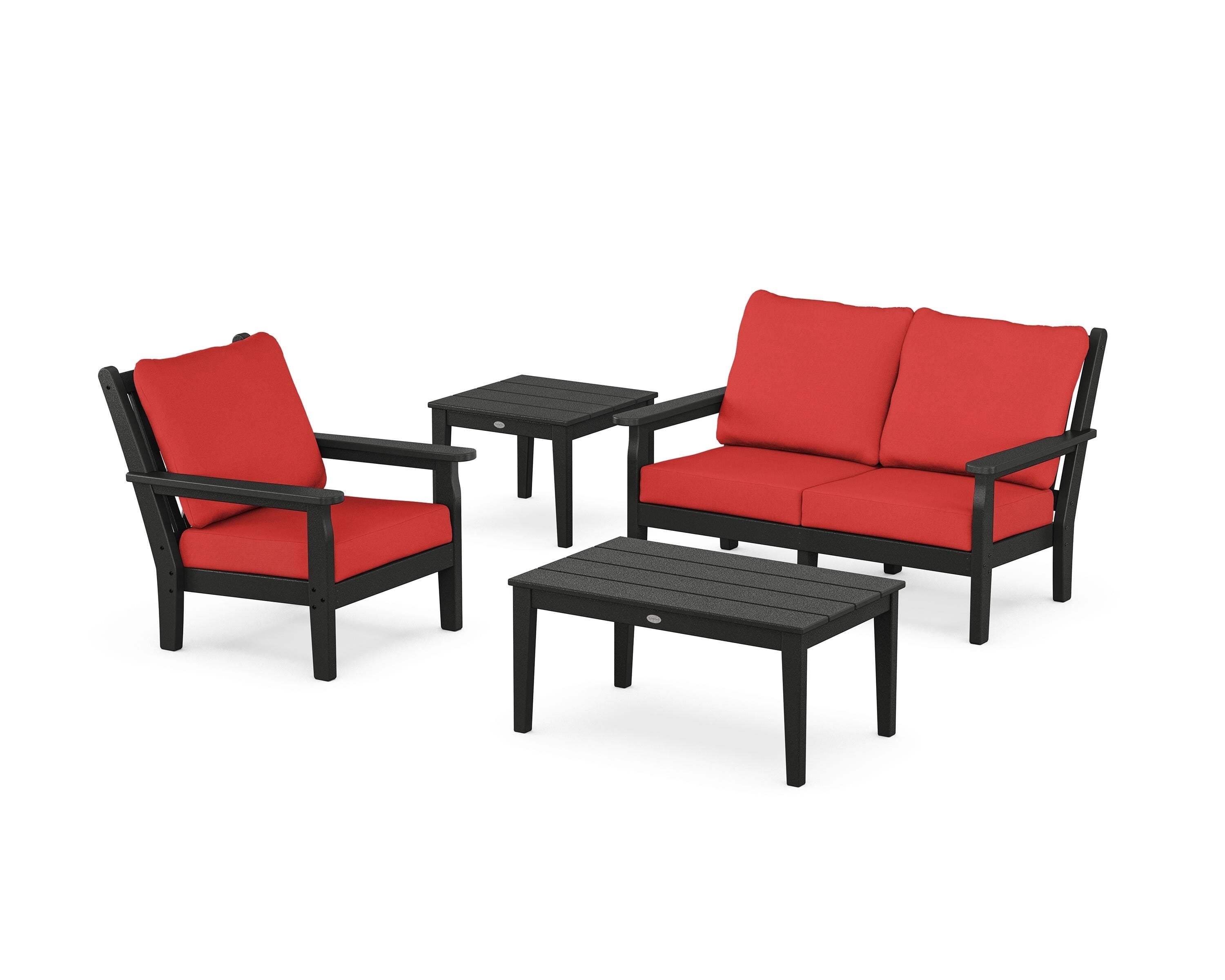 POLYWOOD® Chippendale 4-Piece Deep Seating Set in Black / Crimson Linen