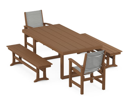 POLYWOOD® Coastal 5-Piece Dining Set with Trestle Legs in Teak / Metallic Sling