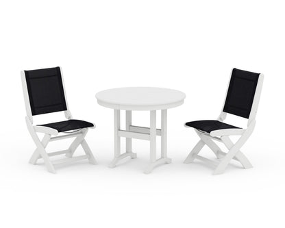 POLYWOOD® Coastal Folding Side Chair 3-Piece Round Dining Set in White / Black Sling