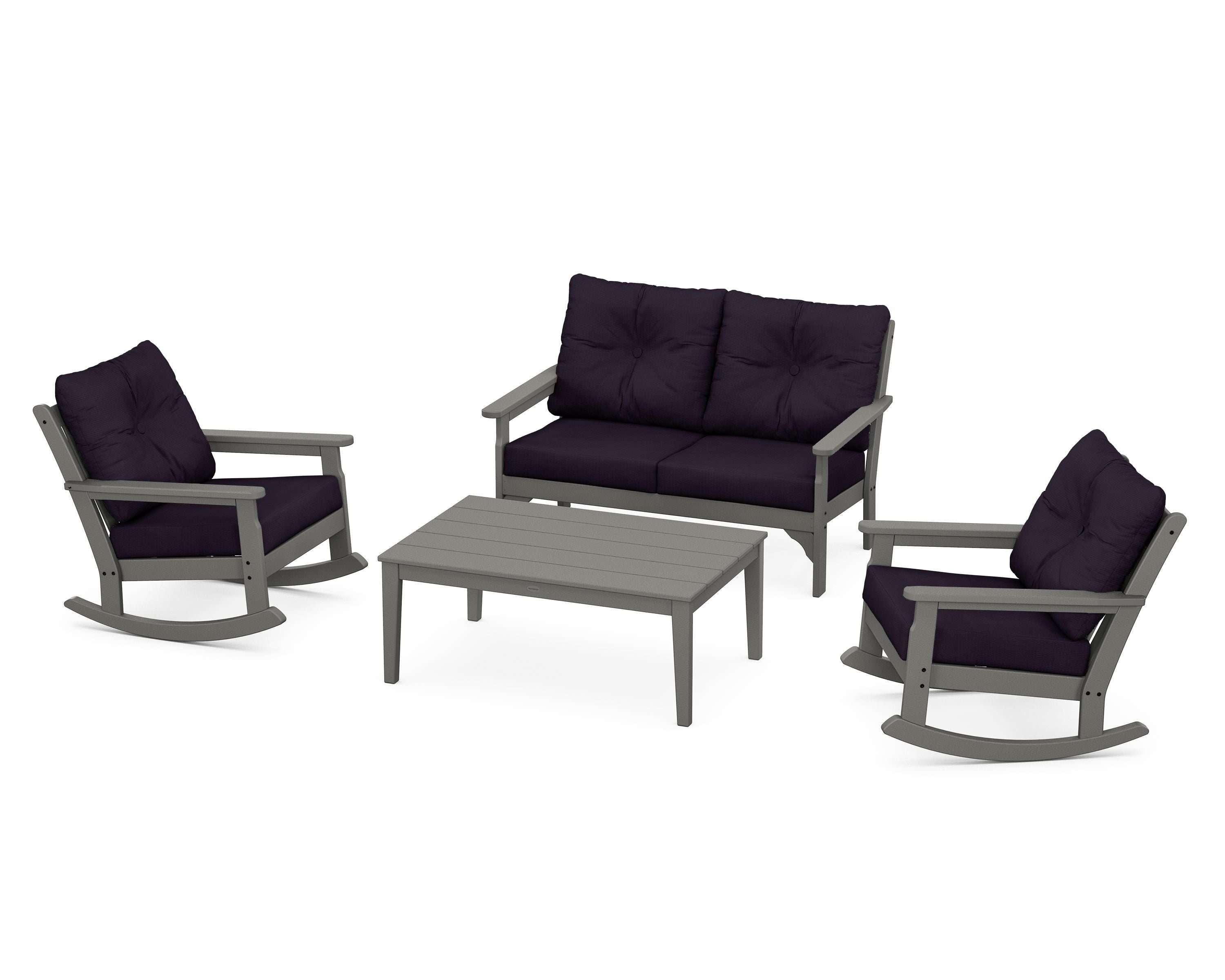 POLYWOOD® Vineyard 4-Piece Deep Seating Rocking Chair Set in Slate Grey / Navy Linen