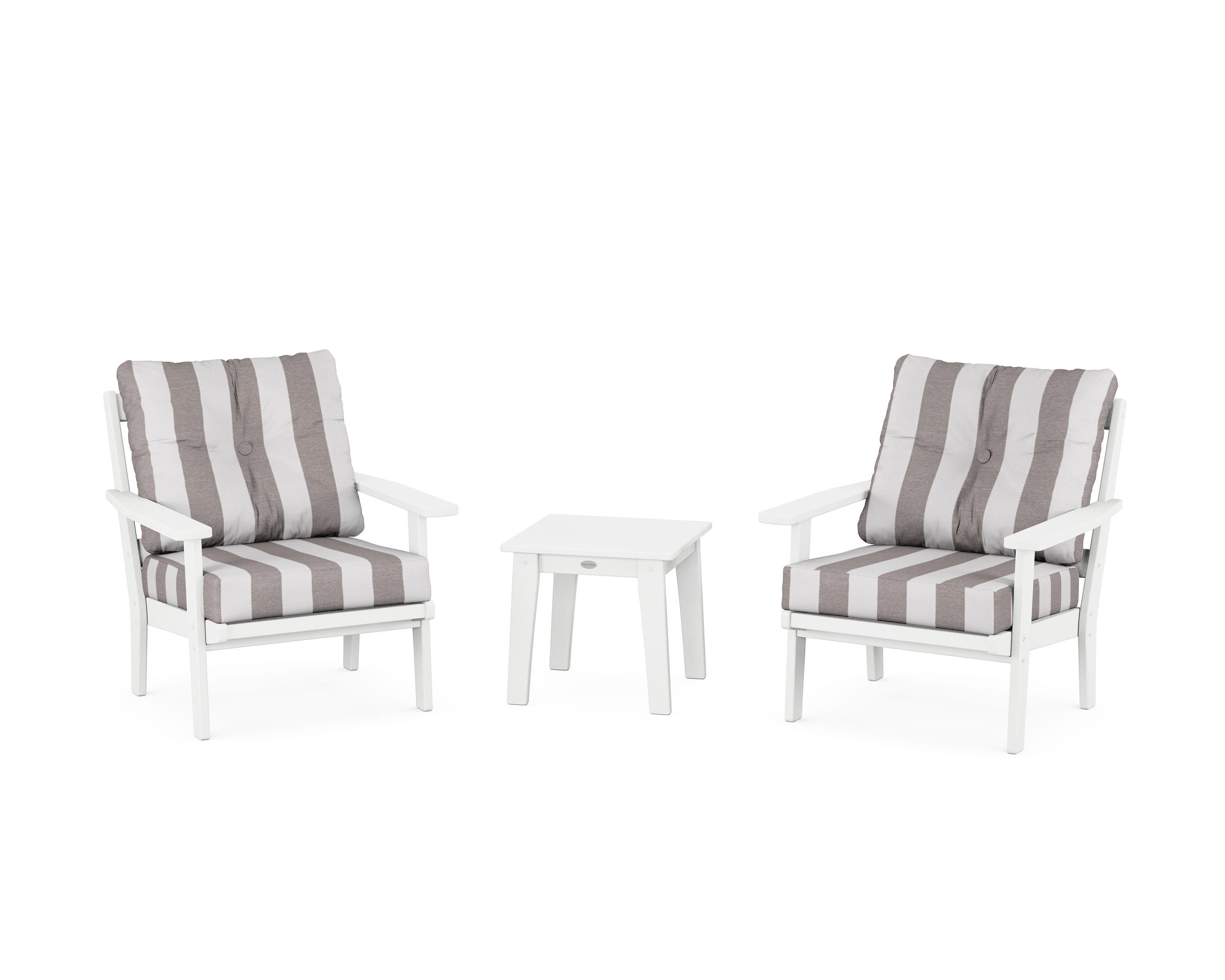 POLYWOOD® Prairie 3-Piece Deep Seating Set in White / Cabana Stripe Grey Mist