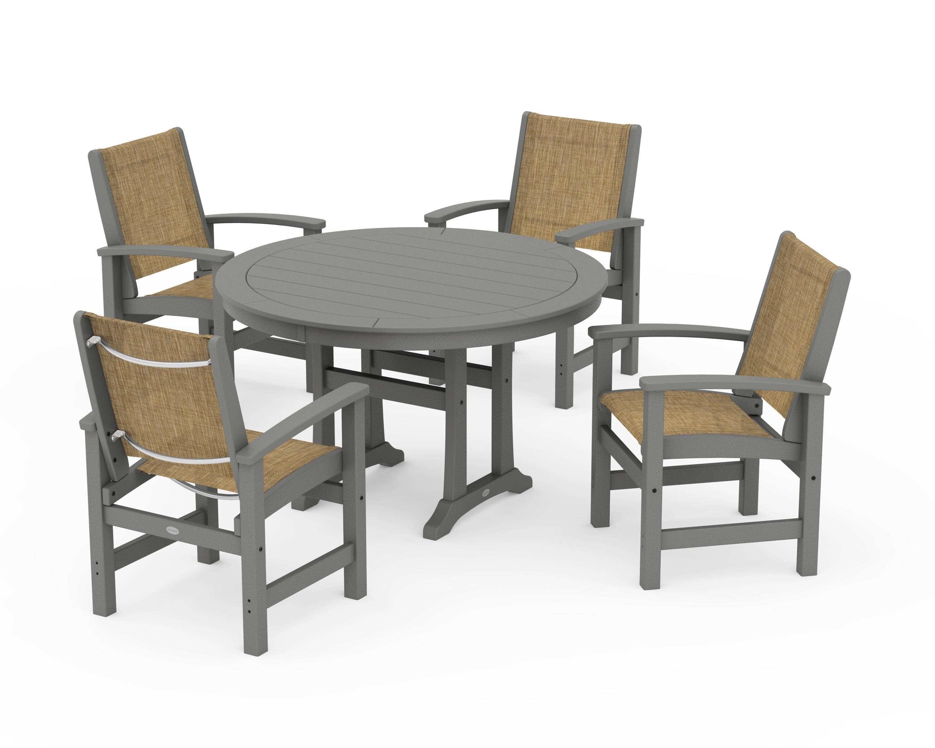 POLYWOOD® Coastal 5-Piece Round Dining Set with Trestle Legs in Slate Grey / Burlap Sling