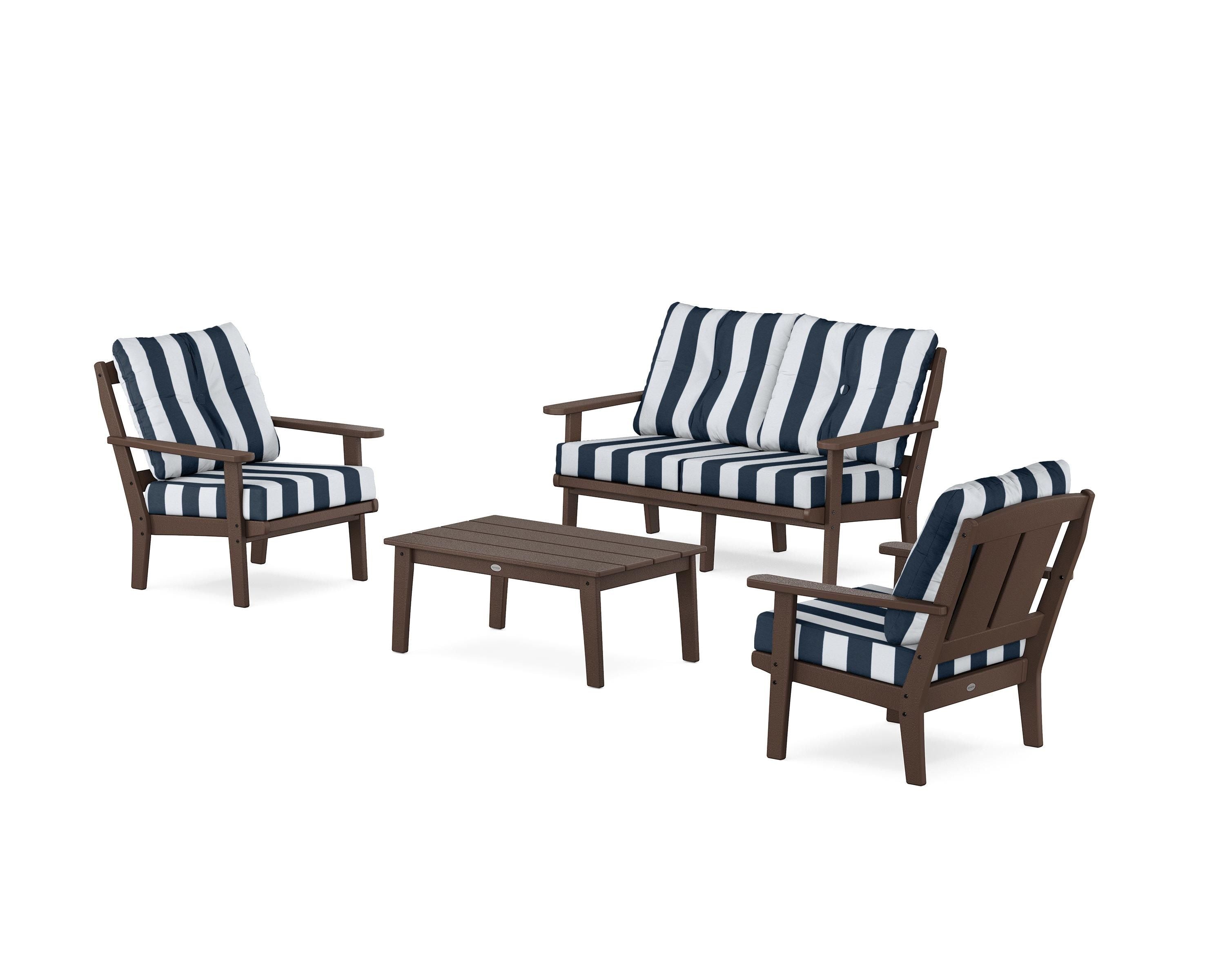 POLYWOOD® Mission 4-Piece Deep Seating Set with Loveseat in Mahogany / Cabana Stripe Marine Indigo