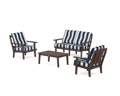 POLYWOOD® Mission 4-Piece Deep Seating Set with Loveseat in Mahogany / Cabana Stripe Marine Indigo