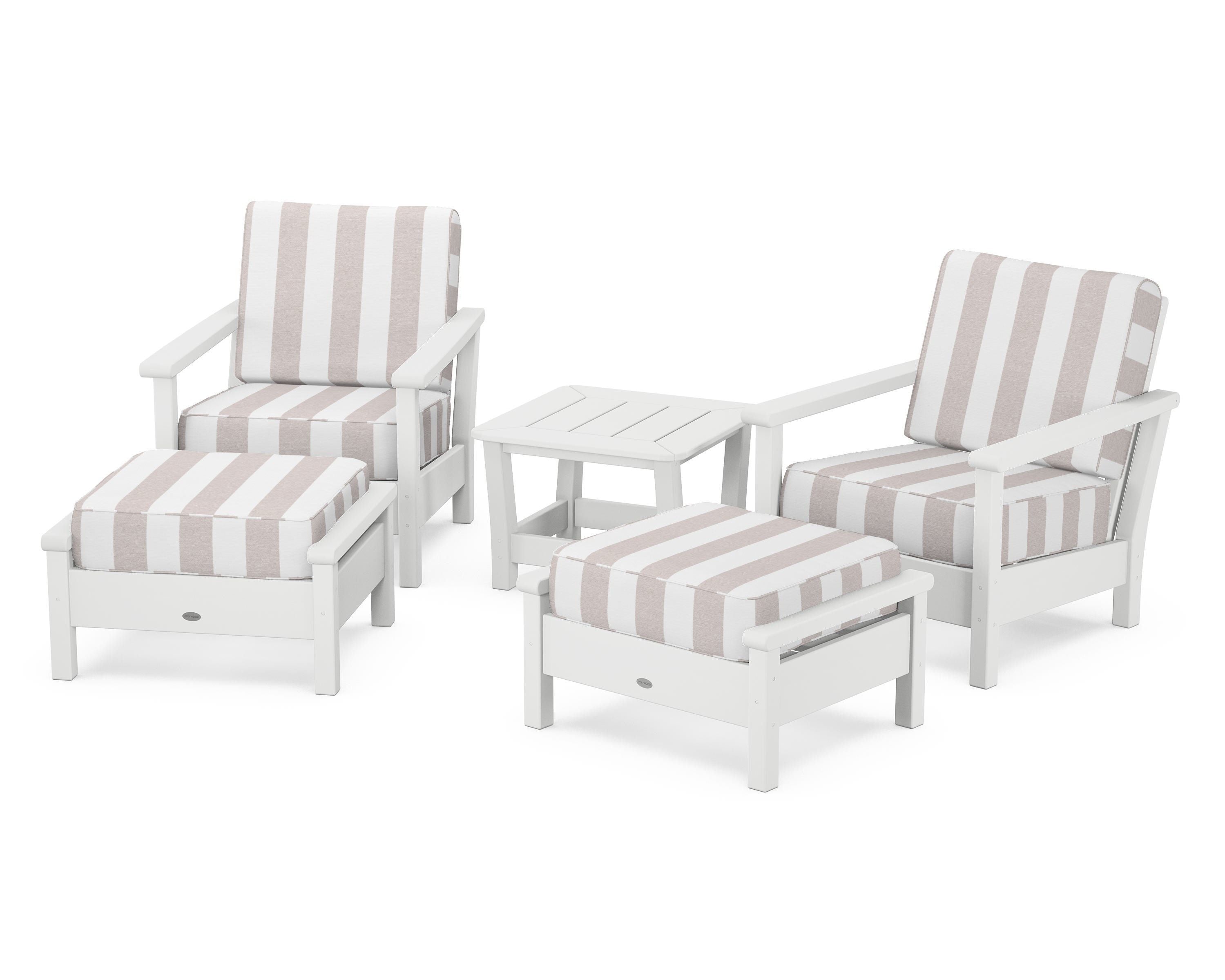 POLYWOOD® Harbour 5-Piece Deep Seating Chair Set in White / Cabana Stripe Dune Burlap