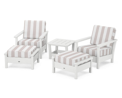 POLYWOOD® Harbour 5-Piece Deep Seating Chair Set in White / Cabana Stripe Dune Burlap