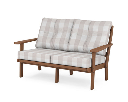 POLYWOOD® Mission Deep Seating Loveseat in Teak / Buffalo Plaid Dune Burlap