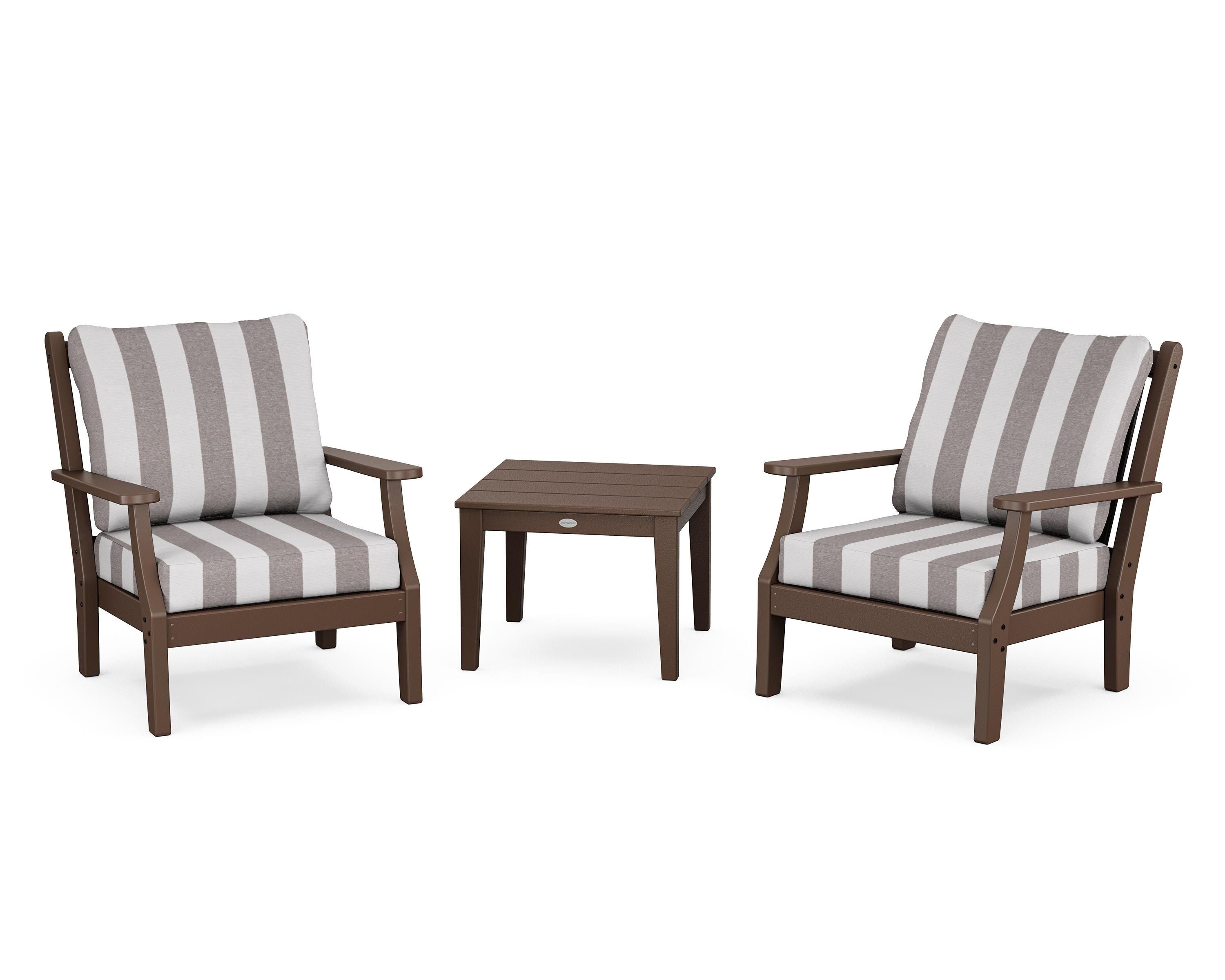 Country Living Wovendale 3-Piece Deep Seating Set in Mahogany / Cabana Stripe Grey Mist