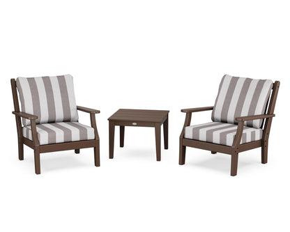 Country Living Wovendale 3-Piece Deep Seating Set in Mahogany / Cabana Stripe Grey Mist