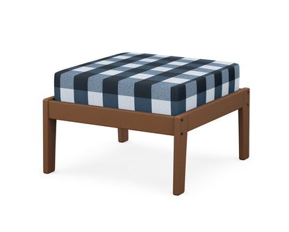 Unbranded Deep Seating Ottoman in Teak / Buffalo Plaid Marine Indigo
