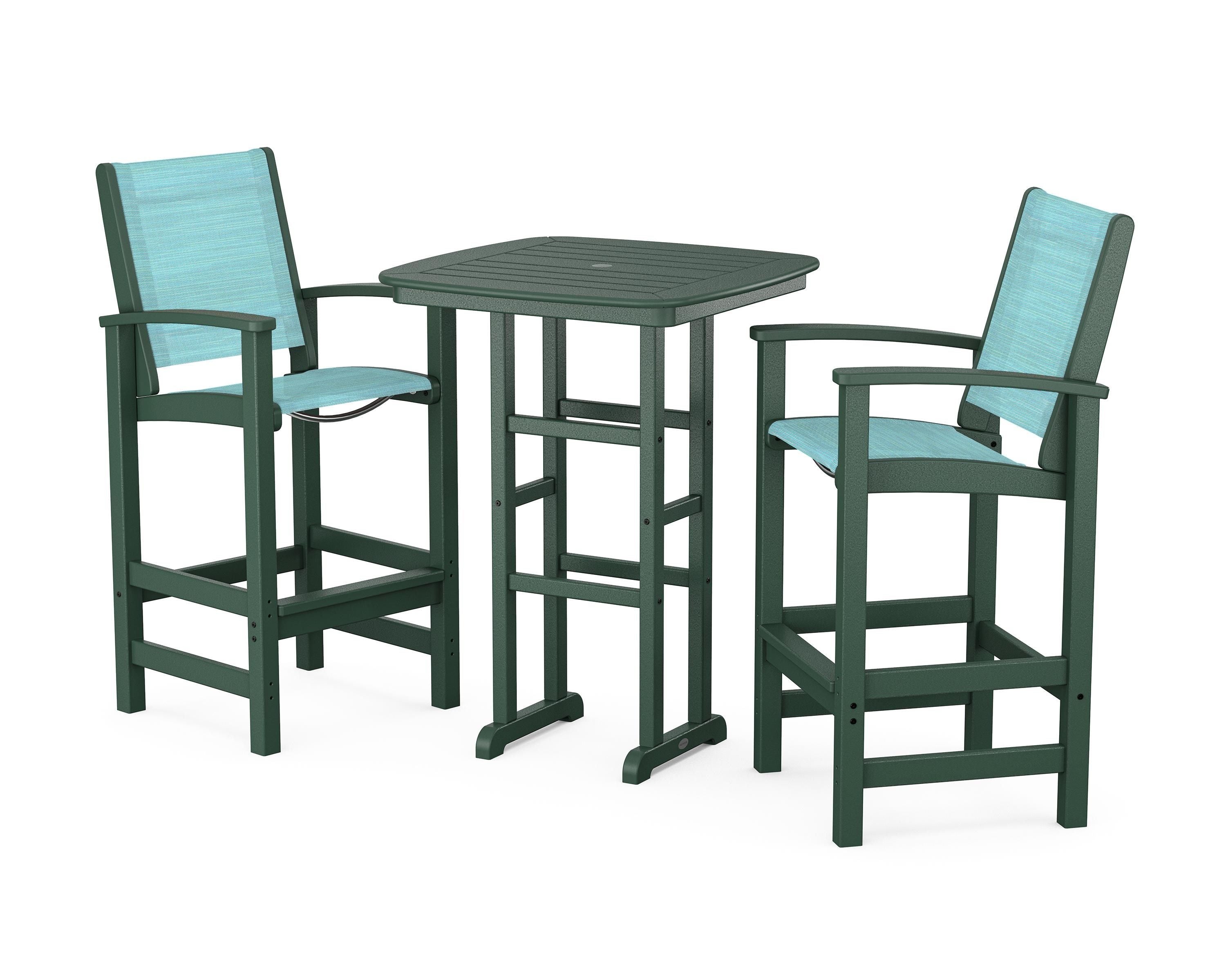 POLYWOOD® Coastal 3-Piece Bar Set in Green / Dupioni Aquamarine Sling