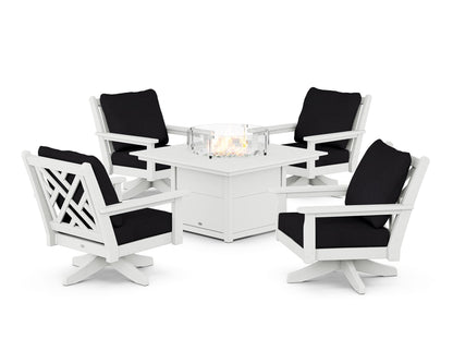 POLYWOOD® Chippendale 5-Piece Deep Seating Swivel Conversation Set with Fire Pit Table in White / Midnight Linen