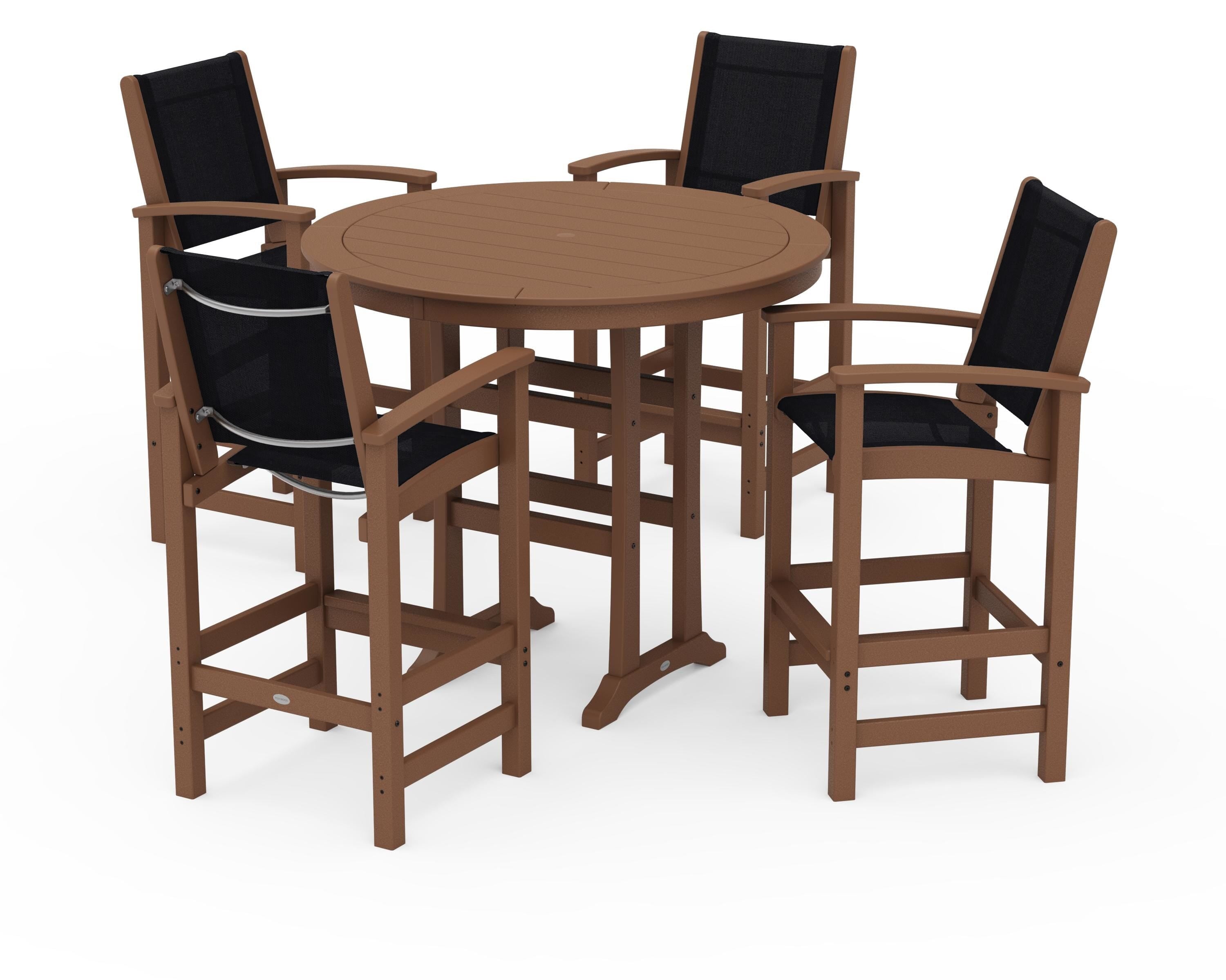 POLYWOOD® Coastal 5-Piece Nautical Trestle Bar Set in Teak / Black Sling