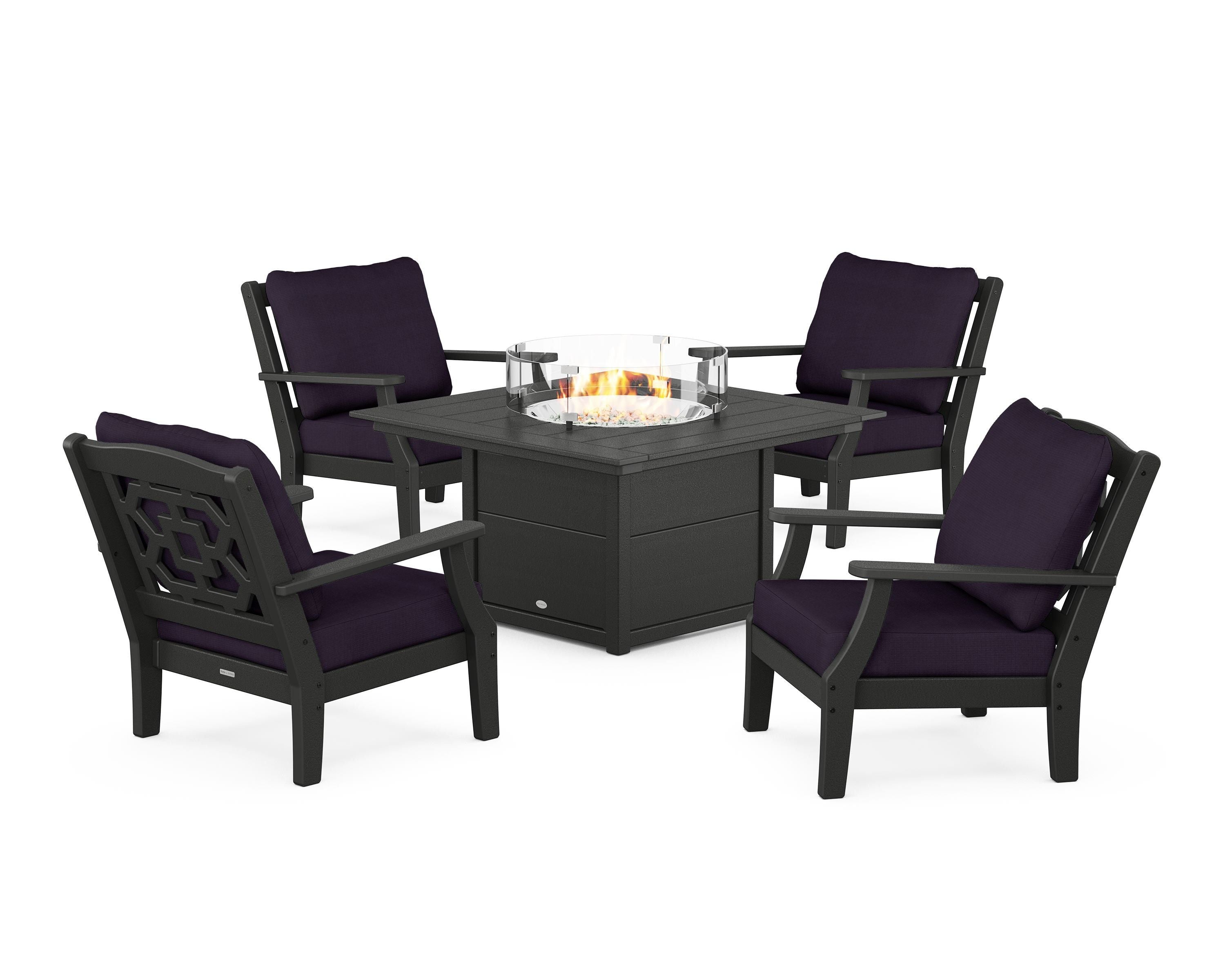Martha Stewart by POLYWOOD® Chinoiserie 5-Piece Deep Seating Set with Fire Pit Table in Black / Navy Linen