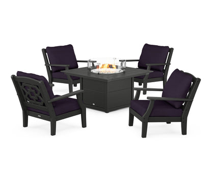 Martha Stewart by POLYWOOD® Chinoiserie 5-Piece Deep Seating Set with Fire Pit Table in Black / Navy Linen