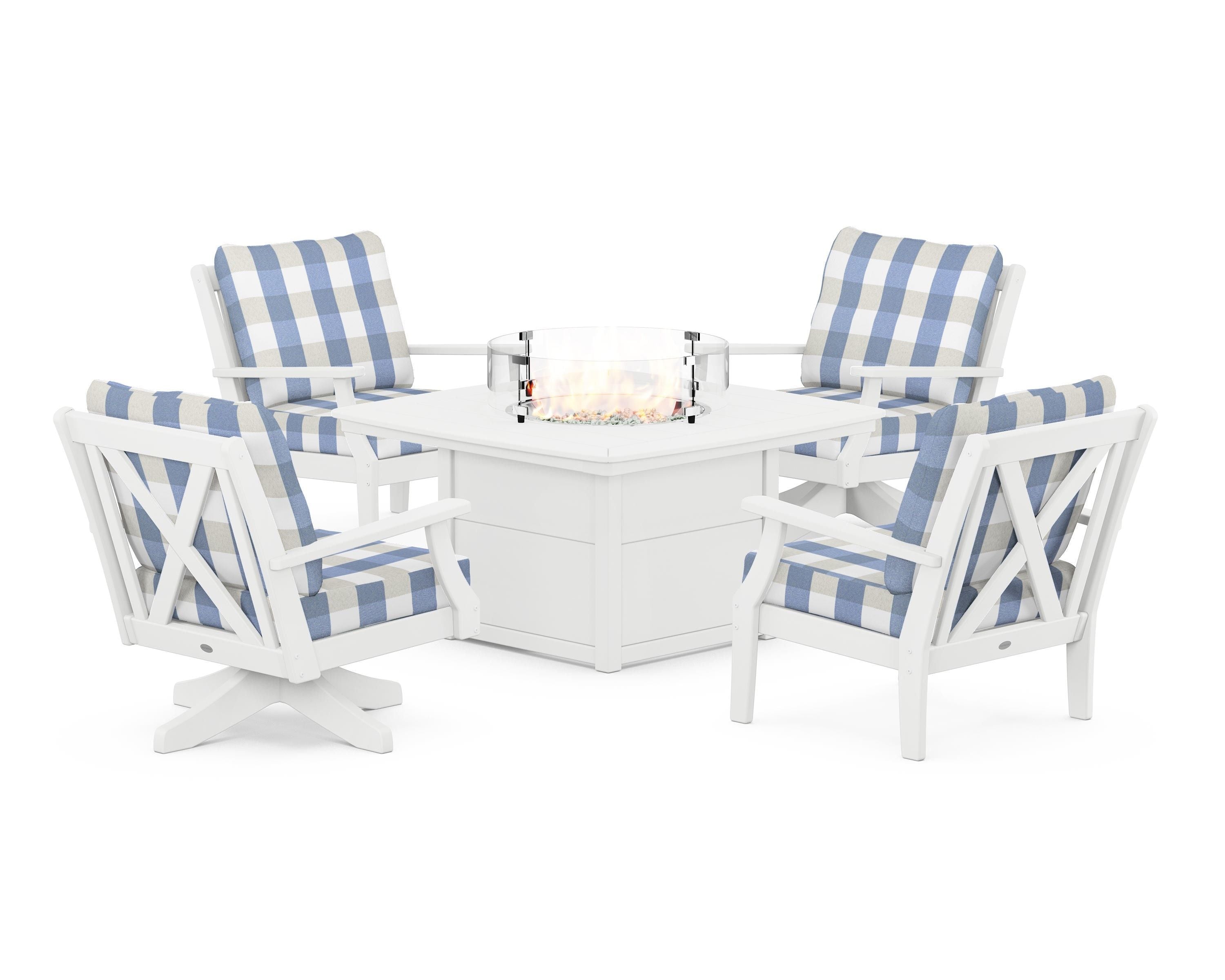 POLYWOOD® Braxton 5-Piece Deep Seating Set with Fire Table in White / Buffalo Plaid Sky Blue