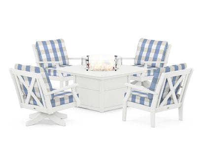 POLYWOOD® Braxton 5-Piece Deep Seating Set with Fire Table in White / Buffalo Plaid Sky Blue