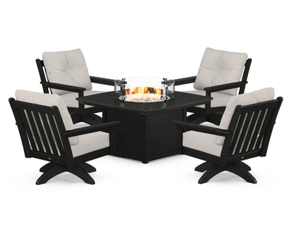 POLYWOOD® Vineyard 5-Piece Deep Seating Swivel Conversation Set with Fire Pit Table in Black / Cast Ash