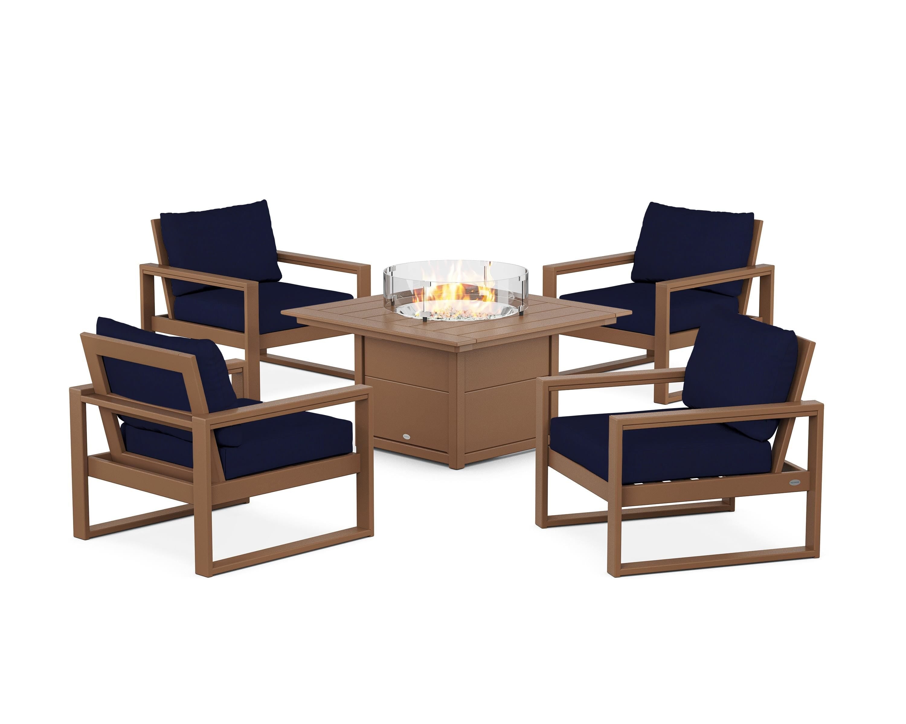 POLYWOOD® EDGE Sectional 5-Piece Deep Seating Set with Fire Pit Table in Teak / Navy