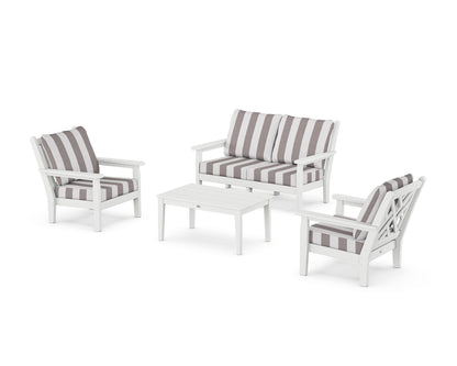 POLYWOOD® Chippendale 4-Piece Deep Seating Set with Loveseat in White / Cabana Stripe Grey Mist