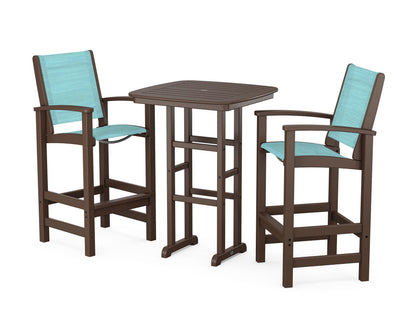 POLYWOOD® Coastal 3-Piece Bar Set in Mahogany / Dupioni Aquamarine Sling