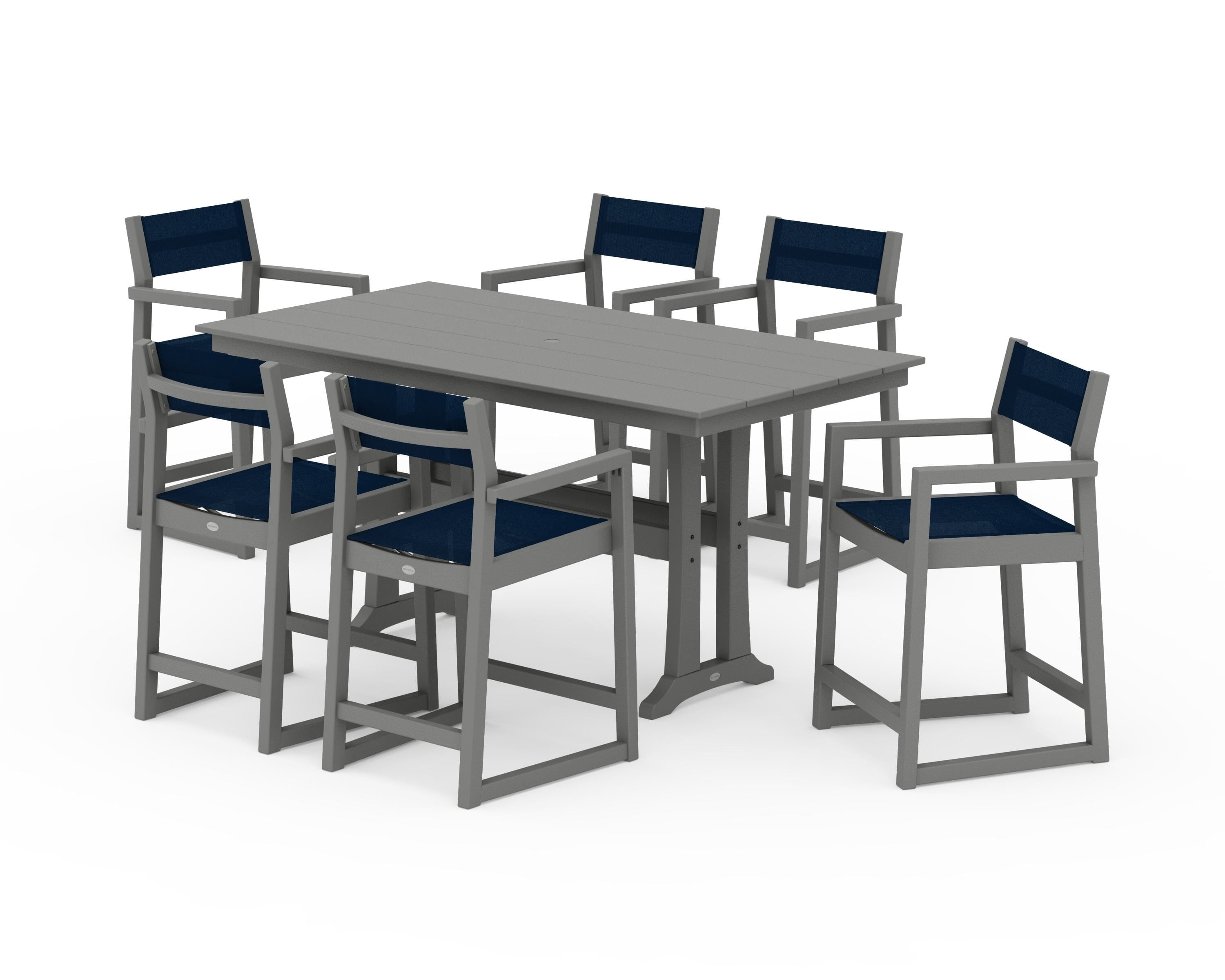POLYWOOD® EDGE Sling Arm Chair 7-Piece Farmhouse Counter Set with Trestle Legs in Slate Grey / Navy Blue Sling