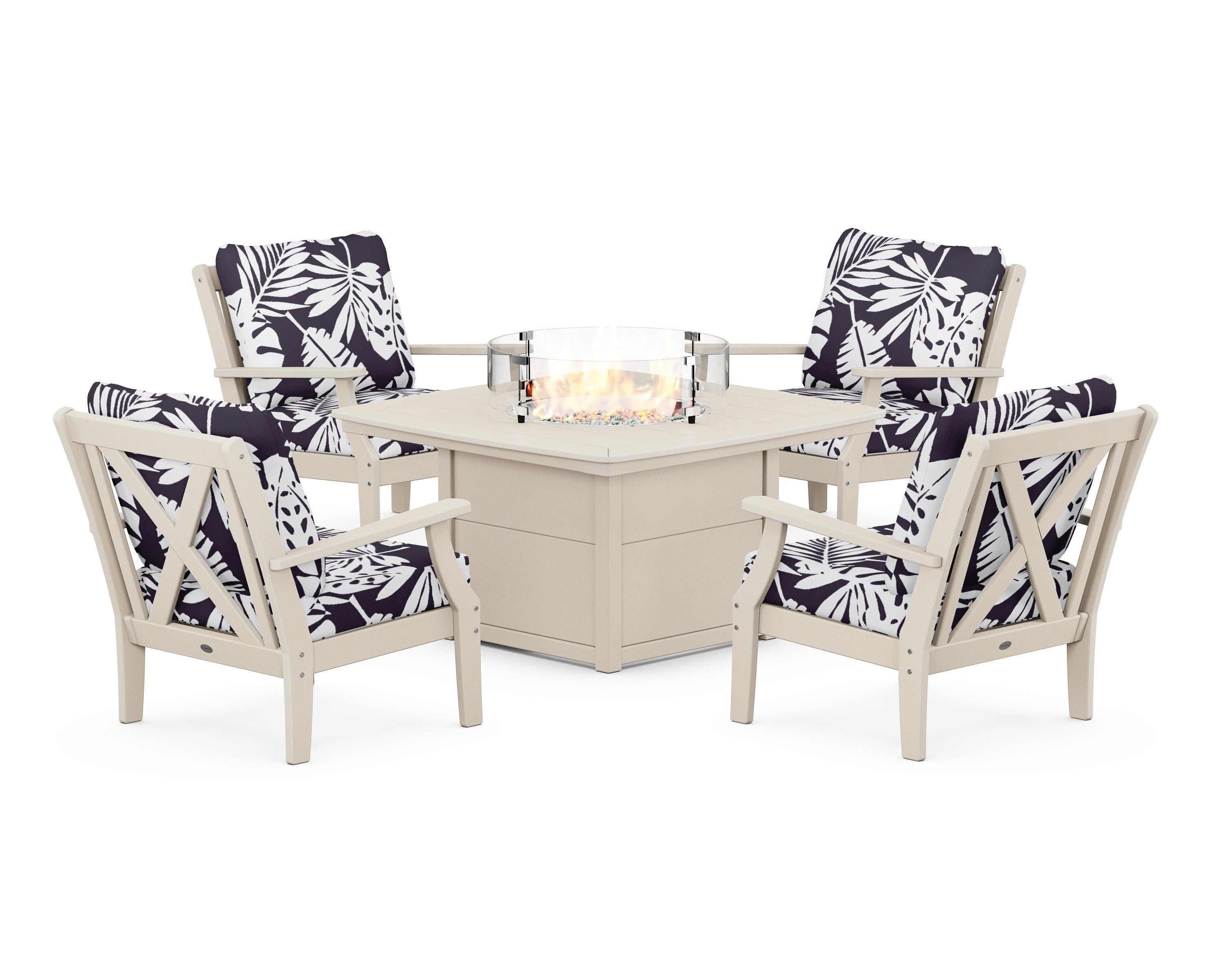 POLYWOOD® Braxton 5-Piece Deep Seating Conversation Set with Fire Pit Table in Sand / Leaf Navy