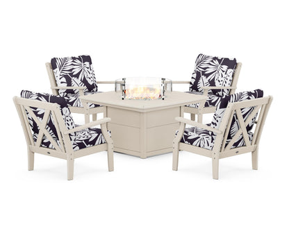 POLYWOOD® Braxton 5-Piece Deep Seating Conversation Set with Fire Pit Table in Sand / Leaf Navy