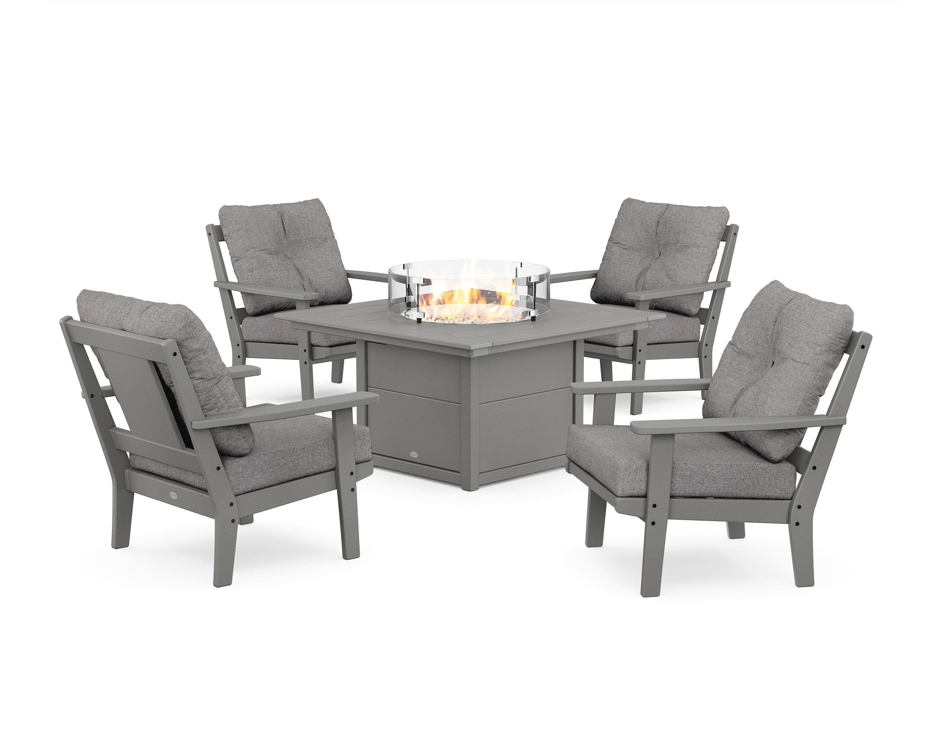 POLYWOOD® Prairie 5-Piece Deep Seating Set with Fire Pit Table in Slate Grey / Grey Mist
