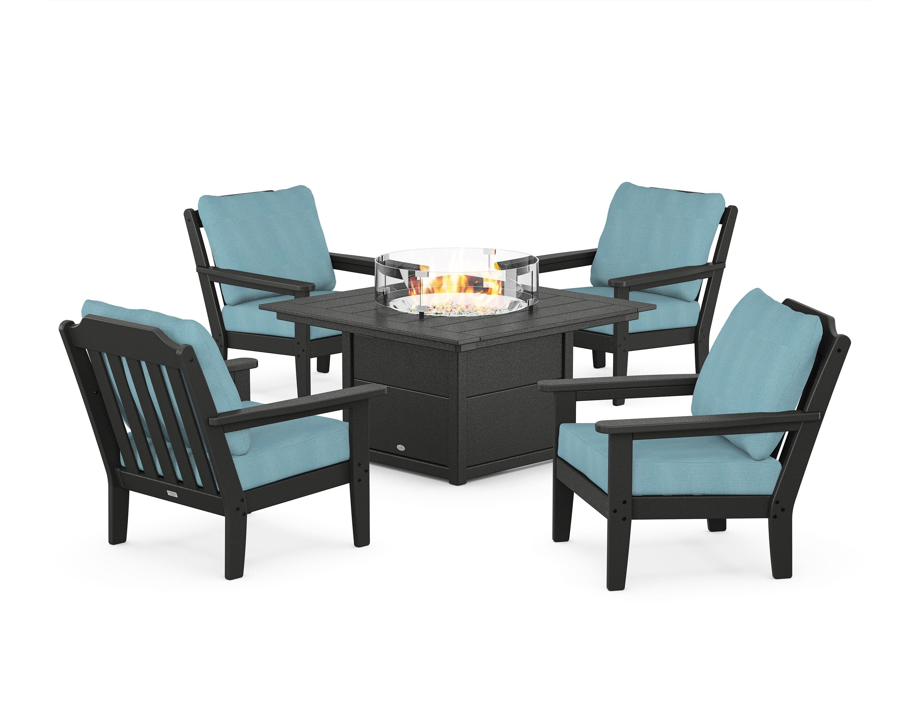 Country Living Cottage 5-Piece Deep Seating Set with Fire Pit Table in Black / Lattice Sky Blue