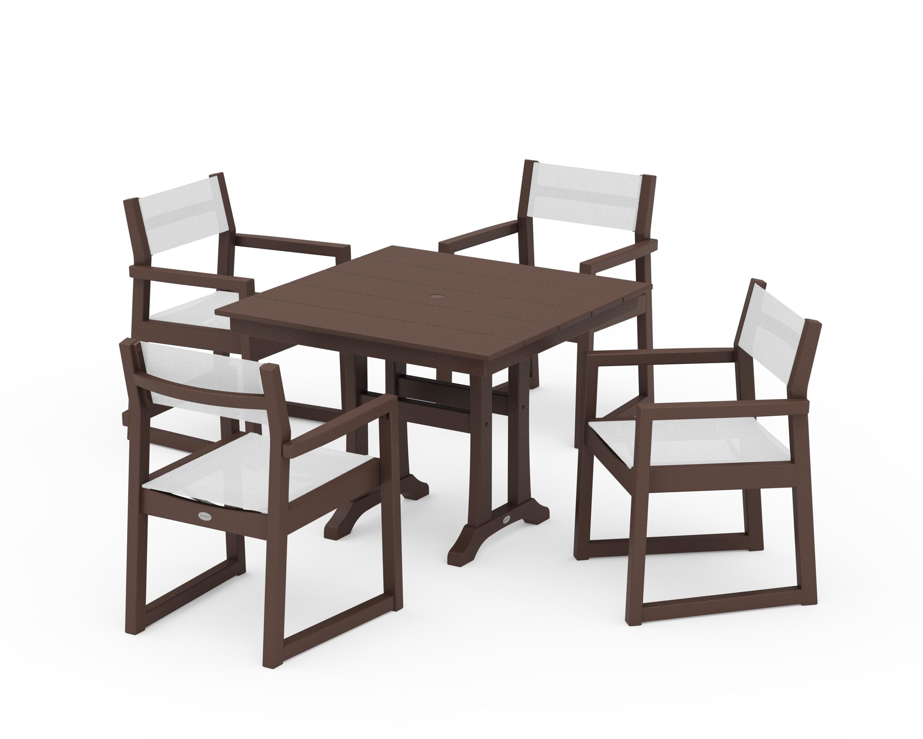 POLYWOOD® EDGE Sling 5-Piece Farmhouse Dining Set with Trestle Legs in Mahogany / White Sling