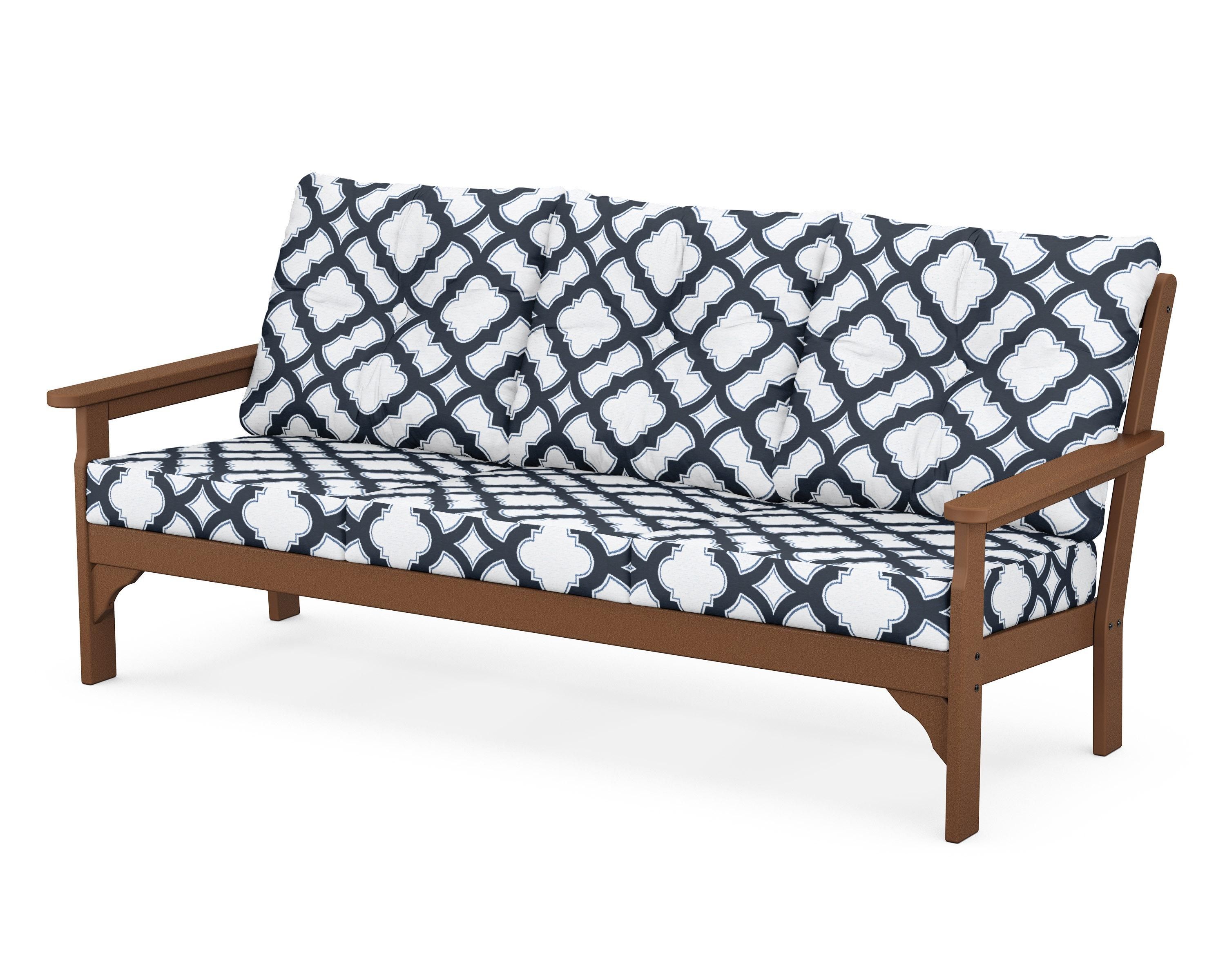 POLYWOOD® Vineyard Deep Seating Sofa in Teak / Trellis Marine Indigo