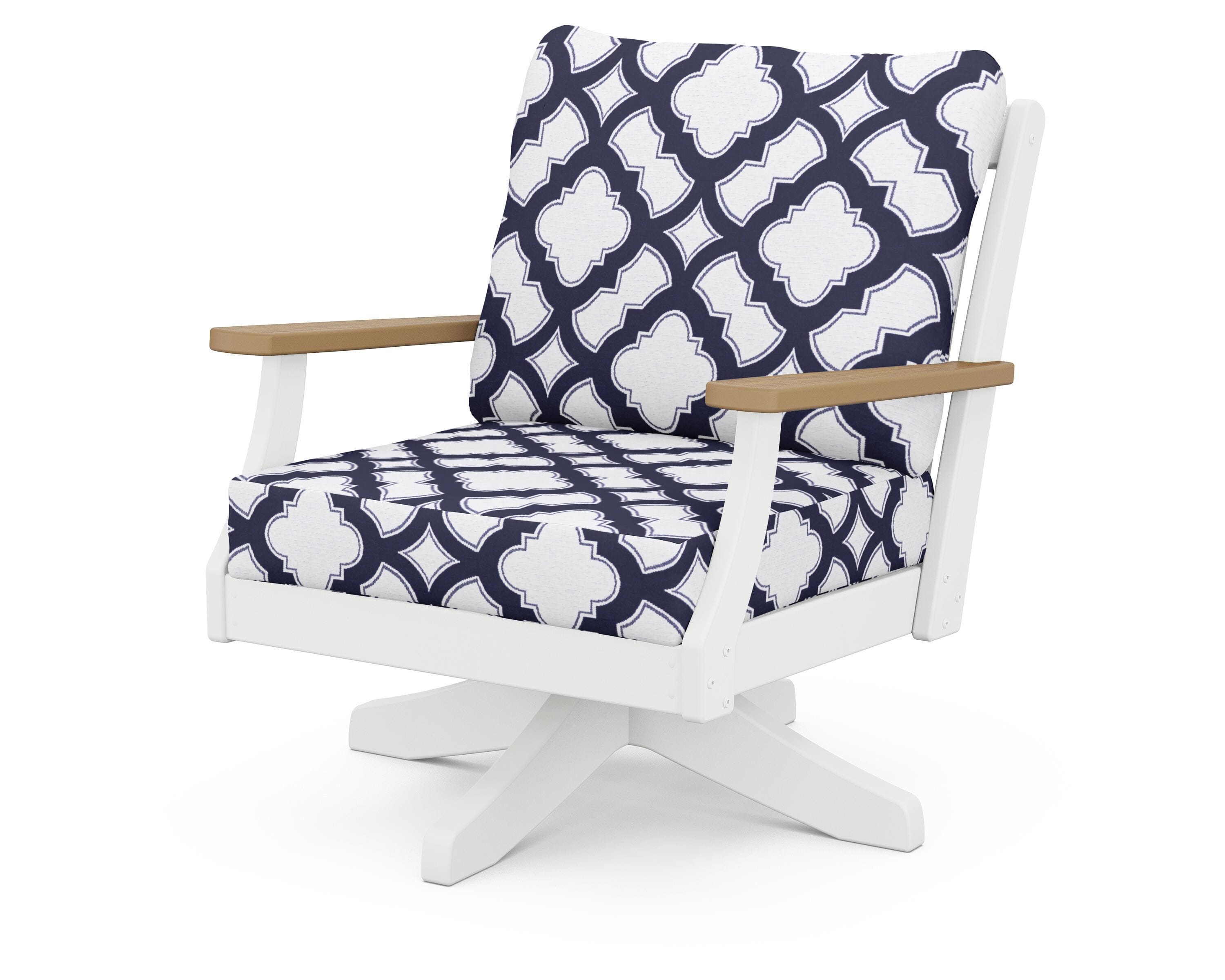 POLYWOOD® Braxton Deep Seating Swivel Chair in White / Natural / Trellis Navy