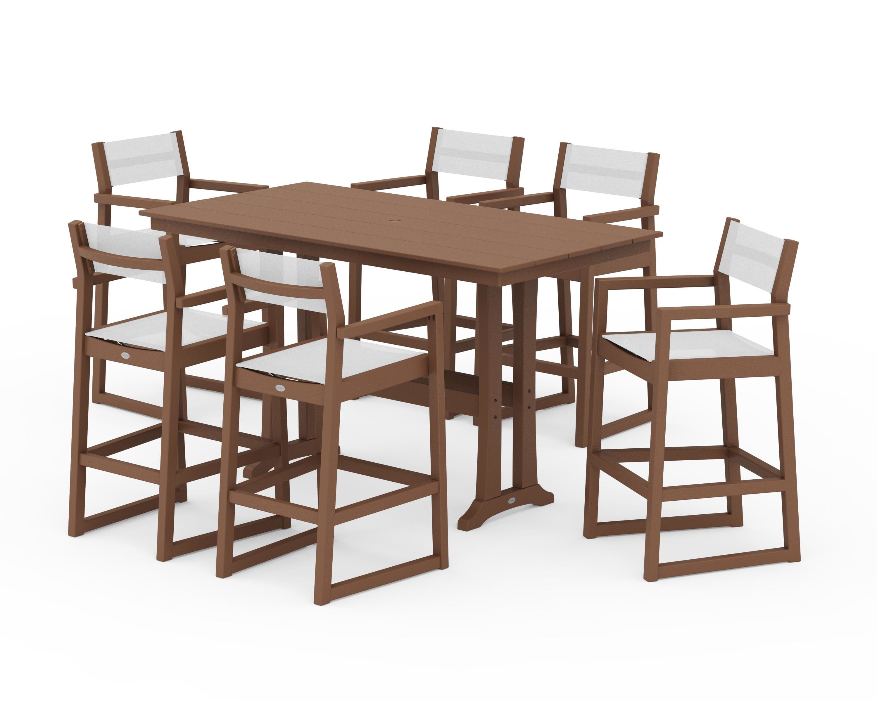 POLYWOOD® EDGE Sling Arm Chair 7-Piece Farmhouse Bar Set with Trestle Legs in Teak / White Sling