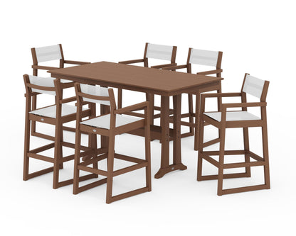POLYWOOD® EDGE Sling Arm Chair 7-Piece Farmhouse Bar Set with Trestle Legs in Teak / White Sling