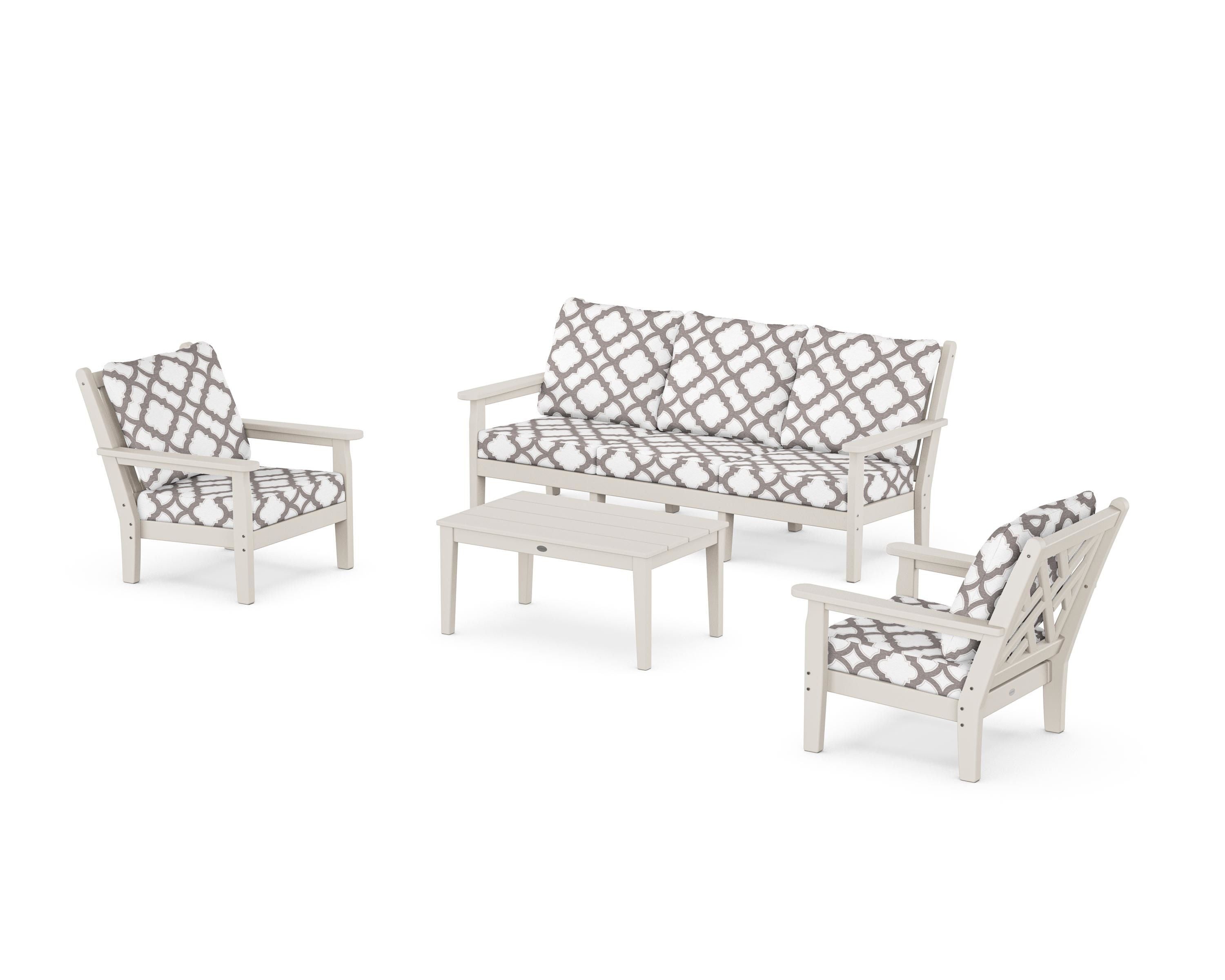 POLYWOOD® Chippendale 4-Piece Deep Seating Set with Sofa in Sand / Trellis Grey Mist