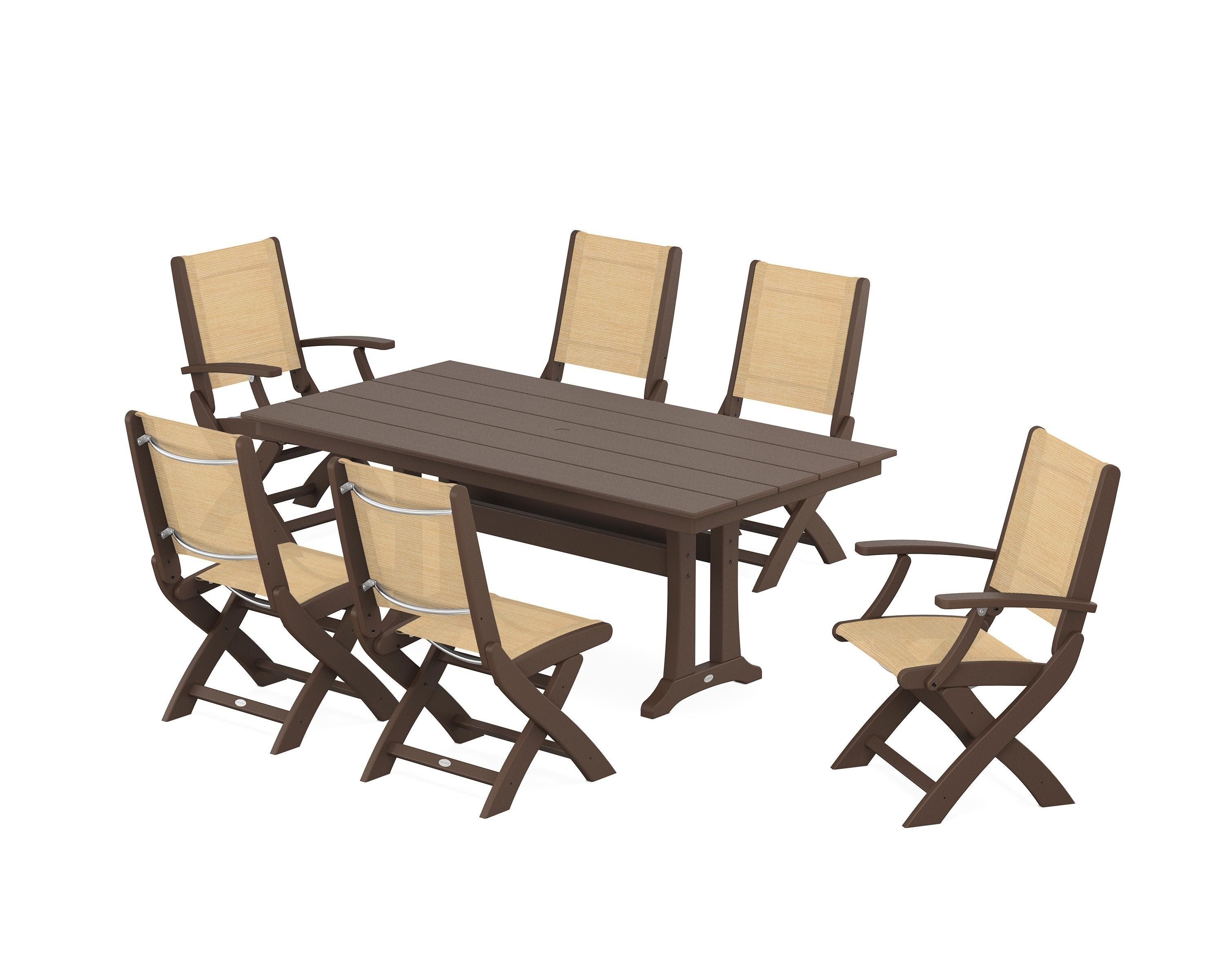 POLYWOOD® Coastal Folding Chair 7-Piece Farmhouse Dining Set with Trestle Legs in Mahogany / Dupioni Apricot Sling