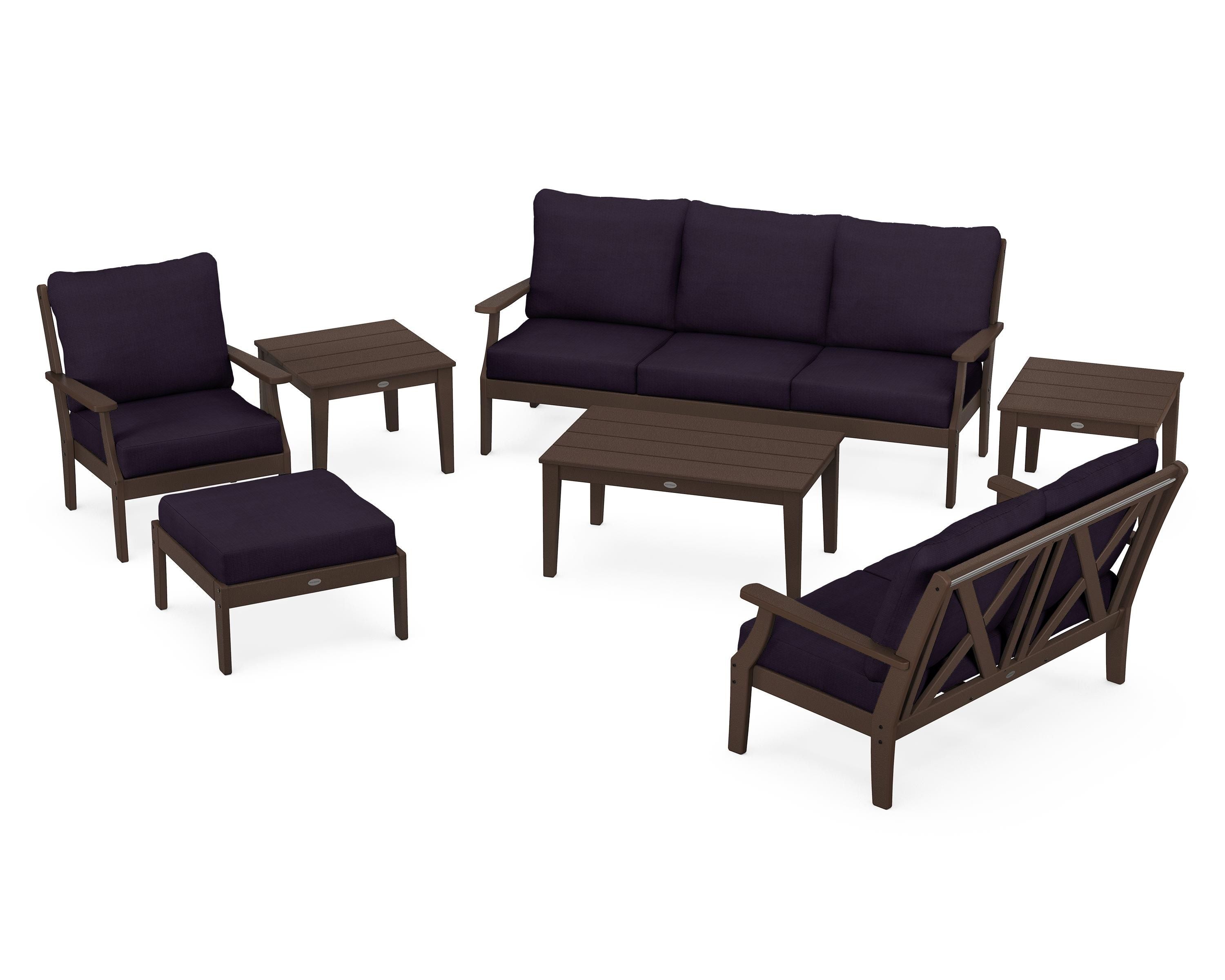 POLYWOOD® Braxton 7-Piece Deep Seating Set in Mahogany / Navy Linen