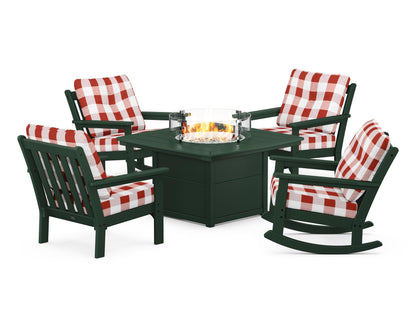 POLYWOOD® Vineyard 5-Piece Deep Seating Rocking Chair Conversation Set with Fire Pit Table in Green / Buffalo Plaid Crimson