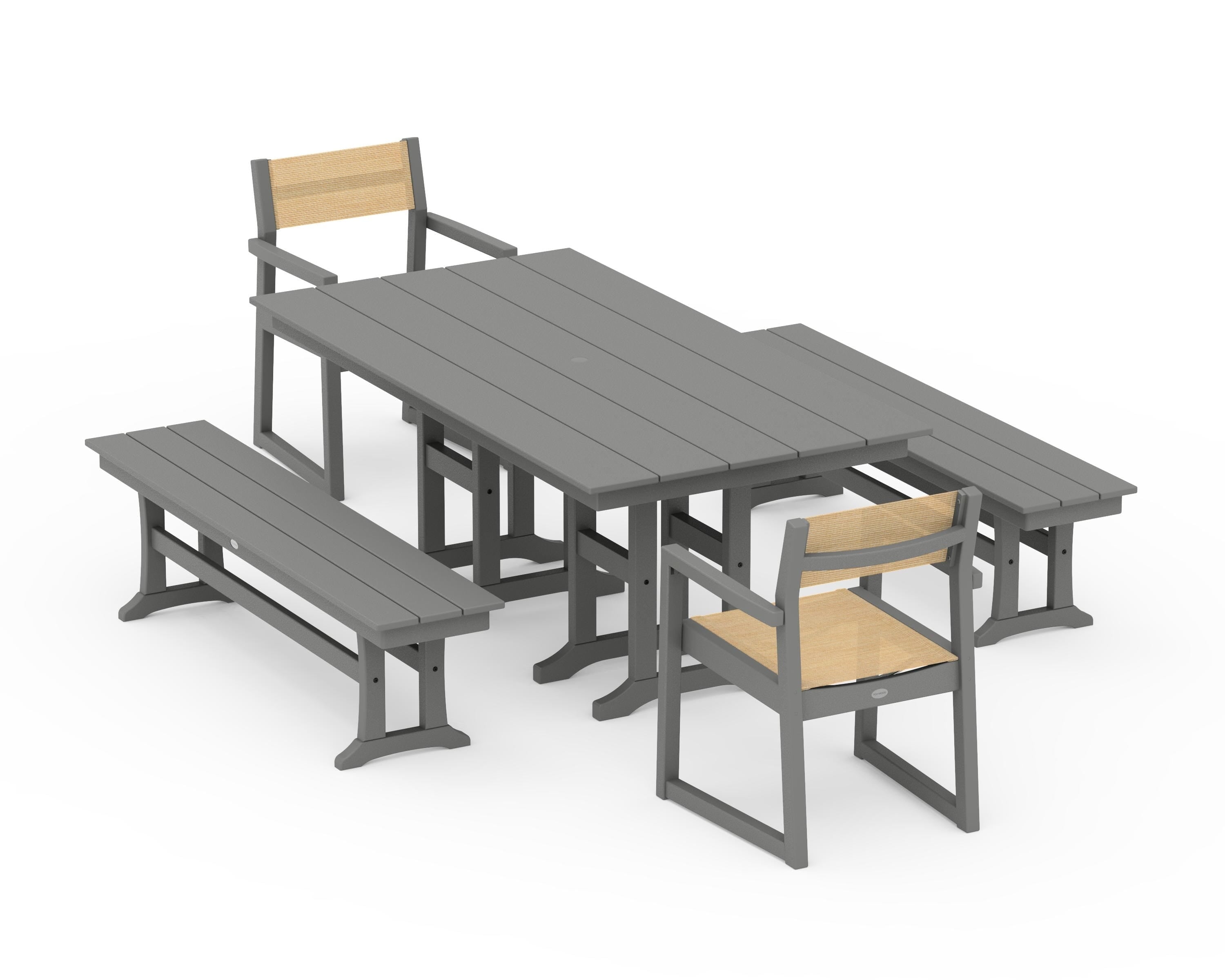 POLYWOOD® EDGE Sling Arm Chair 5-Piece Farmhouse Dining Set with Benches in Slate Grey / Dupioni Apricot Sling