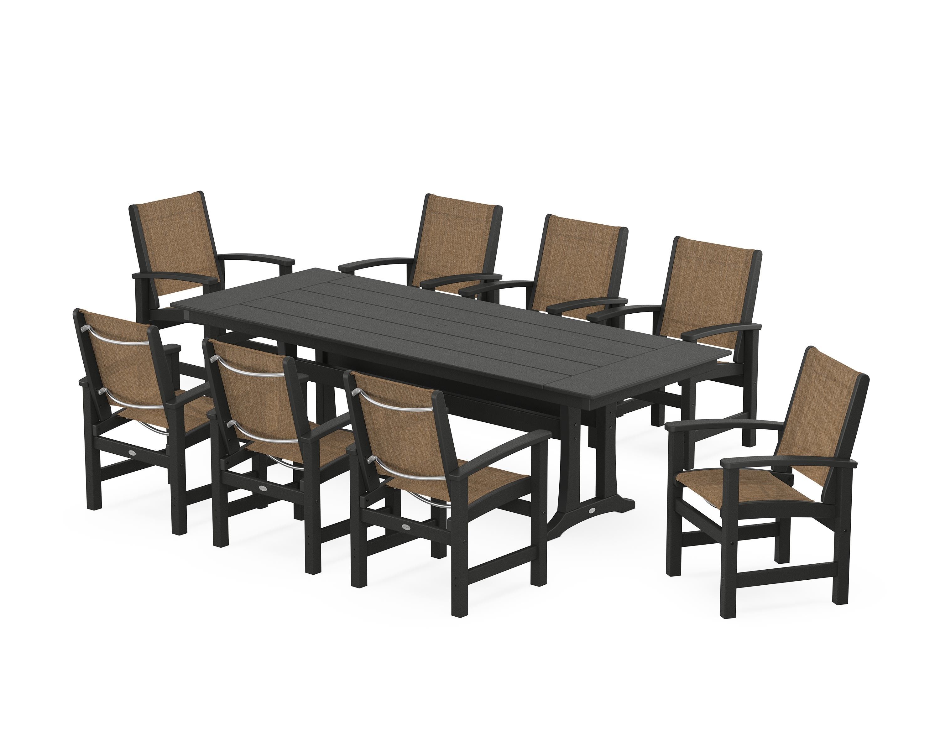 POLYWOOD® Coastal 9-Piece Farmhouse Dining Set with Trestle Legs in Black / Burlap Sling
