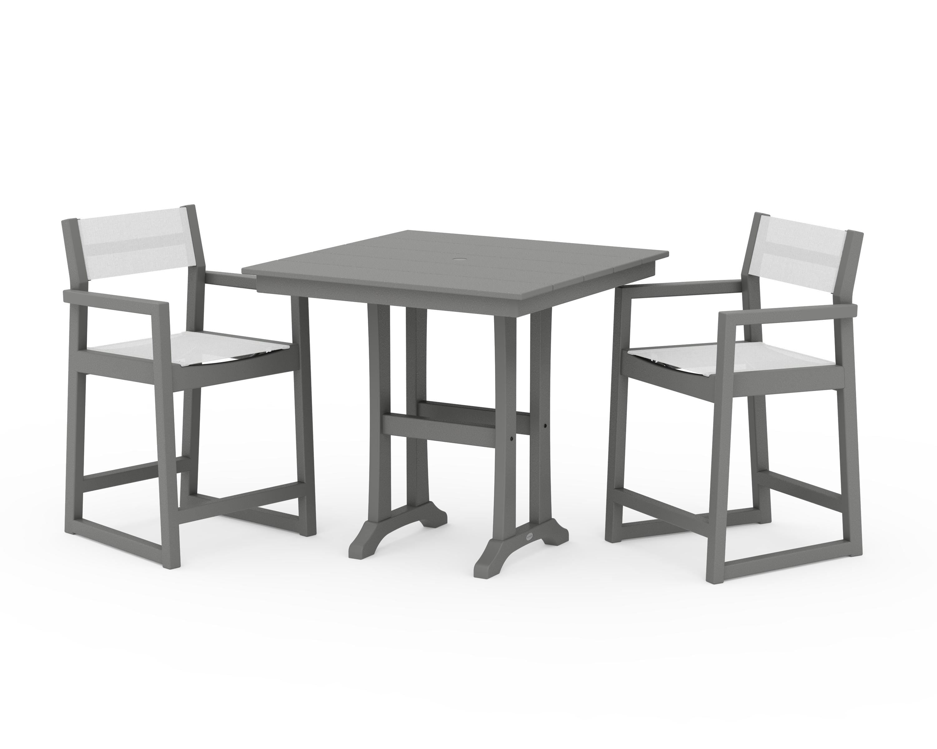 POLYWOOD® EDGE Sling Arm Chair 3-Piece Farmhouse Counter Set with Trestle Legs in Slate Grey / White Sling
