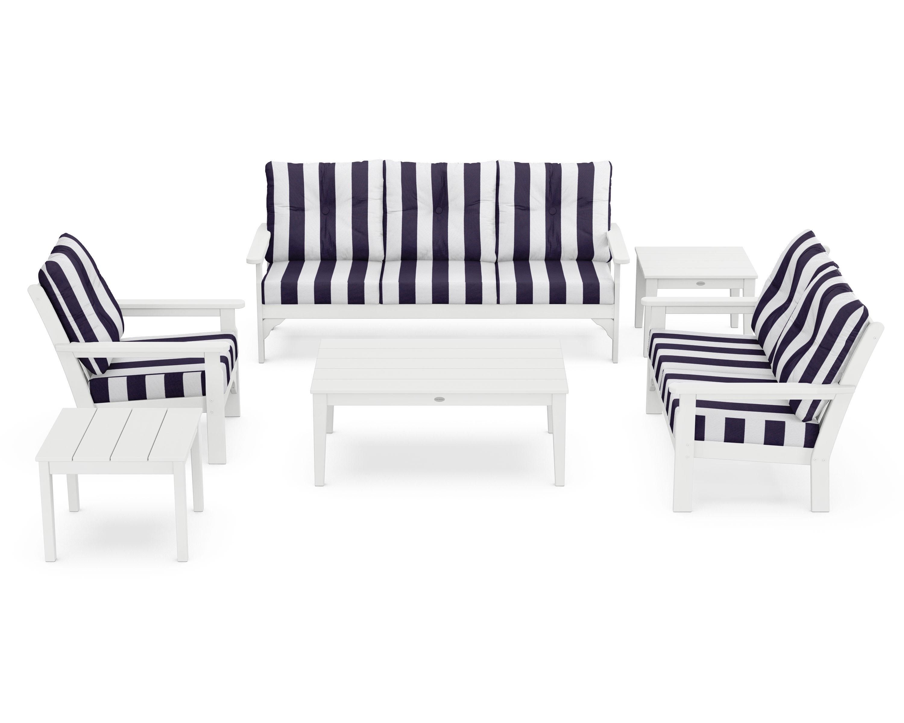 POLYWOOD® Vineyard 6-Piece Deep Seating Set in White / Cabana Stripe Navy