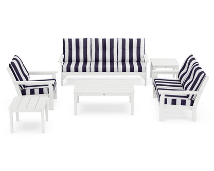 POLYWOOD® Vineyard 6-Piece Deep Seating Set in White / Cabana Stripe Navy
