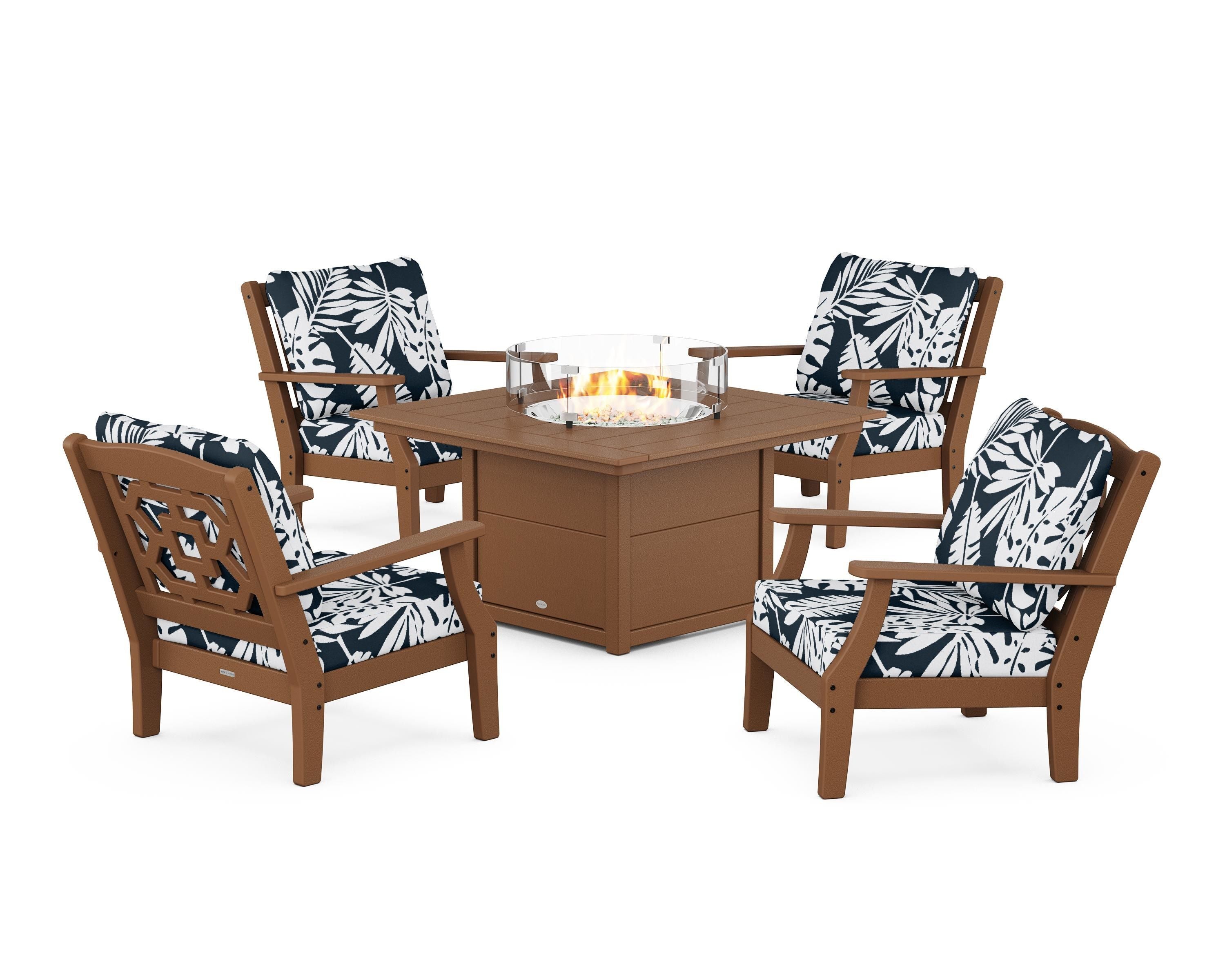 Martha Stewart by POLYWOOD® Chinoiserie 5-Piece Deep Seating Set with Fire Pit Table in Teak / Leaf Marine Indigo