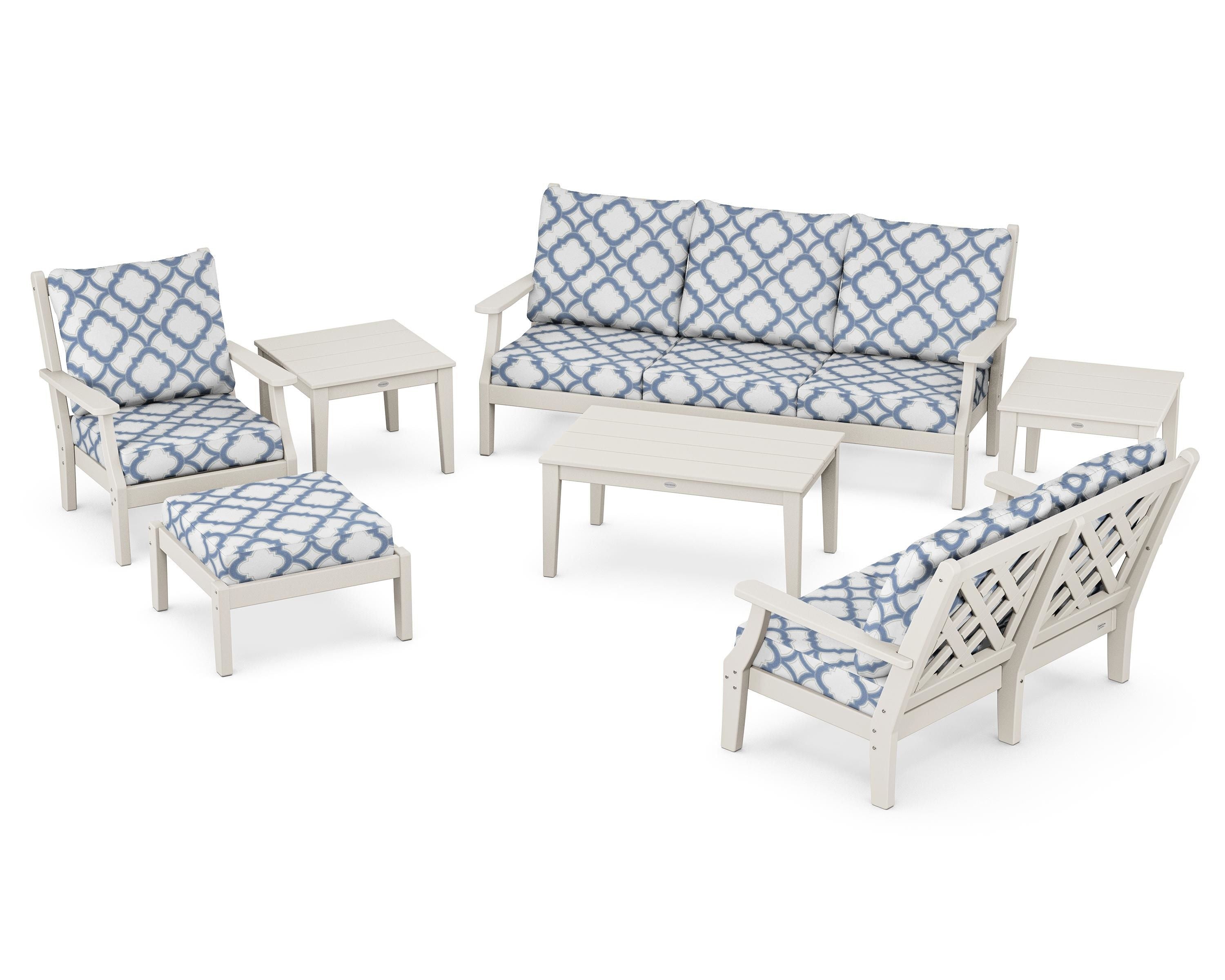 Country Living Wovendale 7-Piece Deep Seating Set in Sand / Trellis Sky Blue