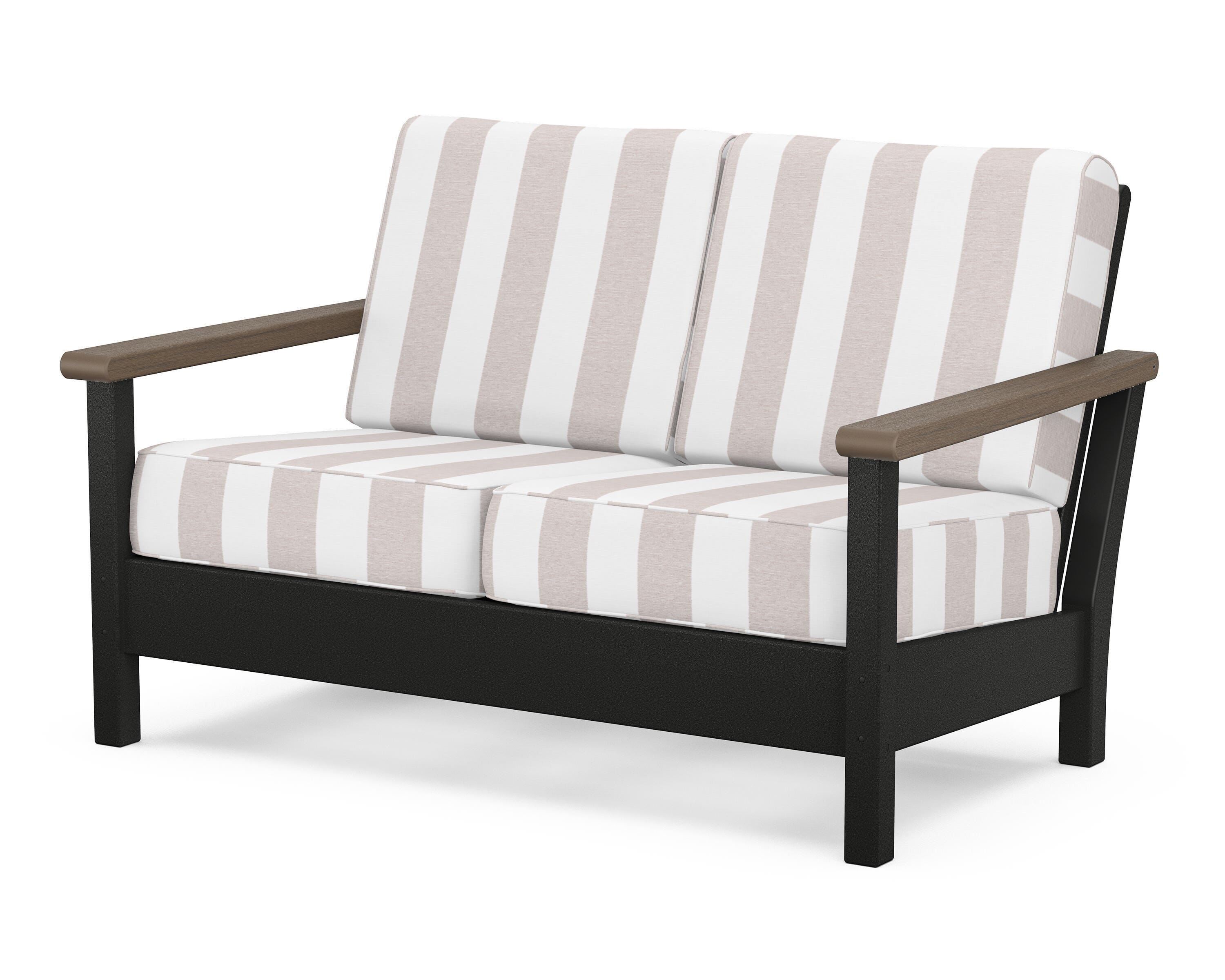 POLYWOOD® Harbour Deep Seating Loveseat in Black / Kona / Cabana Stripe Dune Burlap