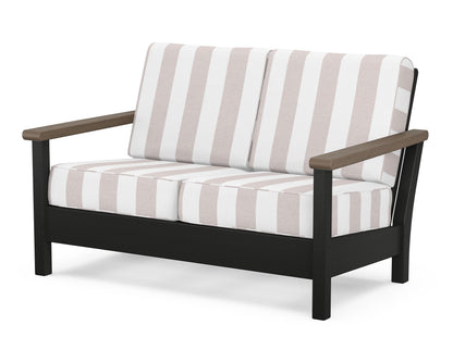 POLYWOOD® Harbour Deep Seating Loveseat in Black / Kona / Cabana Stripe Dune Burlap